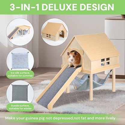 Guinea Pig Hideout- Wooden Guinea Pig Toys with Stairs and Mat & Hammock, Detachable Double-Decker House for Small Animal Toys for Hiding Sleeping Activities