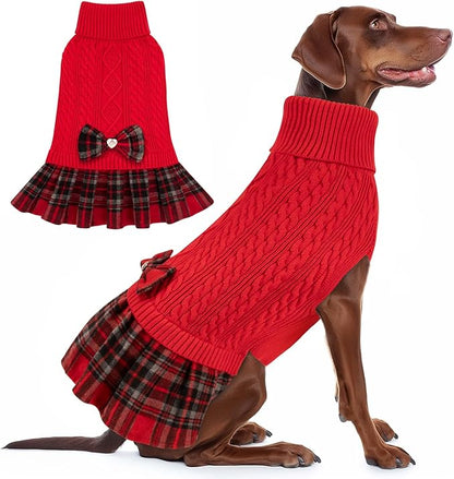 KYEESE Dog Sweater Warm Dog Sweater Pullover Dogs Sweaters for Medium Dogs Girl Stretchy Dogs Clothes Soft Turtleneck Pet Sweater Dress Comfy Pet Coats with Bowtie, Red, XX-Large