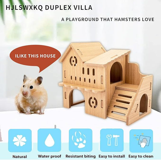 Natural Wood Hamster Habitat Hideout Cage Accessories, Maze Cabin with Fun Slide & Double-Decker House, Exercise Toys for Dwarf Hamsters, Gerbils, Mice, Other Small Animals(Only for Small Hamster B)