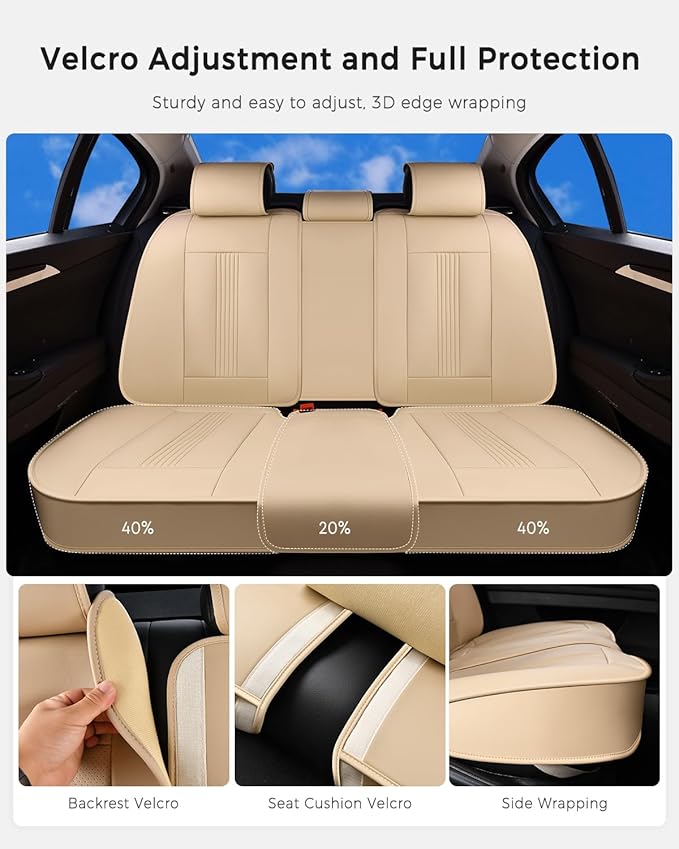 Huidasource Beige Rear Seat Cover, Nappa Leather Back Seat Cover with Ventilation Holes, Velcro Adjustable, Compatible with Armrests, Seat belts, Child Safety Seats, Fit for Most Cars SUV Truck, Beige