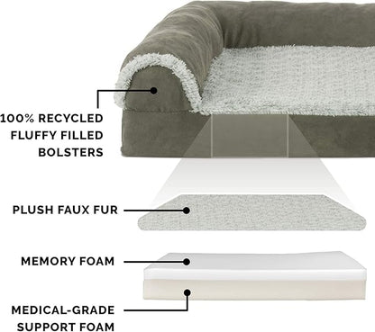 Furhaven Memory Foam Dog Bed for Medium/Small Dogs w/ Removable Bolsters & Washable Cover, For Dogs Up to 35 lbs - Two-Tone Plush Faux Fur & Suede L Shaped Chaise - Dark Sage, Medium