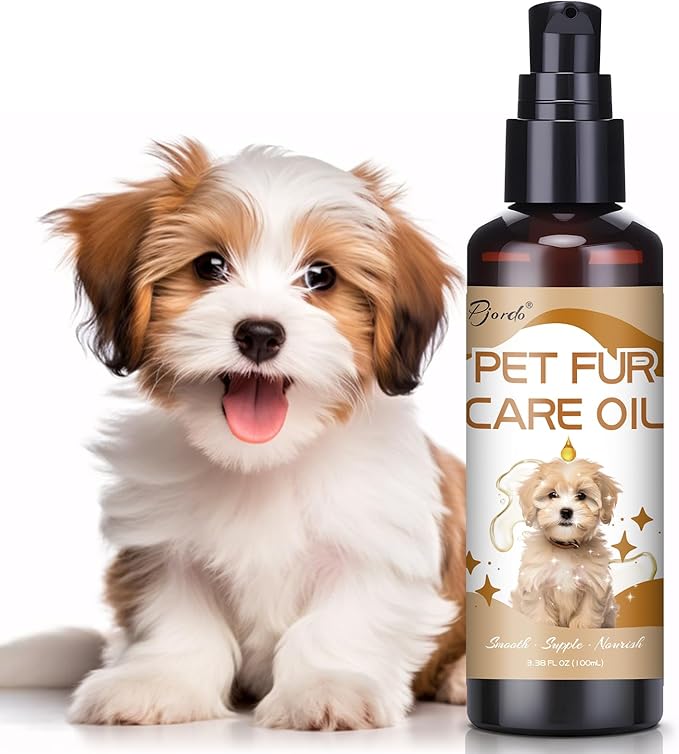 Pjordo Pet Fur Care Oil, 3.38 FL OZ Natural Oils with Collagen for Detangles, Reduces Shedding, Shiny & Silky Coat, Leave-in Conditioner for Dogs & Cats