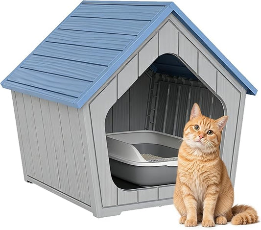 Cat Litter Box Enclosure, Hidden Covered Litter Box Furniture with Air Holes, Resin Outdoor Cat House Weatherproof, Wide Opening Design for Easy Cleaning, Blue
