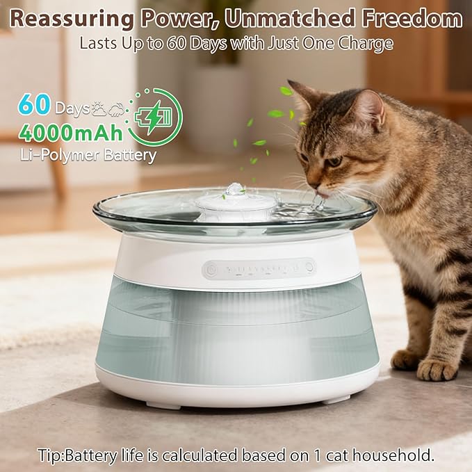 2.5L/85oz Smart Glass Cat Water Fountain, Automatic Filterless Pet Fountain with Dual Tank Separation System, 3 Smart Modes for Cats, Multiple Pets
