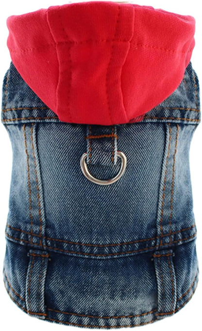 Cool Dog Jean Jacket Vest with D-Ring Blue Denim Dogs Hoodies Outfits for Small Medium Dogs Cats Boy Male Dog Clothes Costume Dogggie Puppy Harness Coat for Frenchie Walking(Red Hat,M)