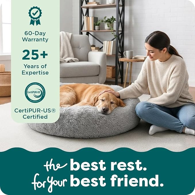 Furhaven 23" Round Calming Donut Dog Bed for Indoor Cats & Small Dogs, Washable, For Dogs Up to 20 lbs - Shaggy Plush Long Faux Fur Donut Bed - Gray, Small, 23.0"L x 23.0"W x 9.0"Th