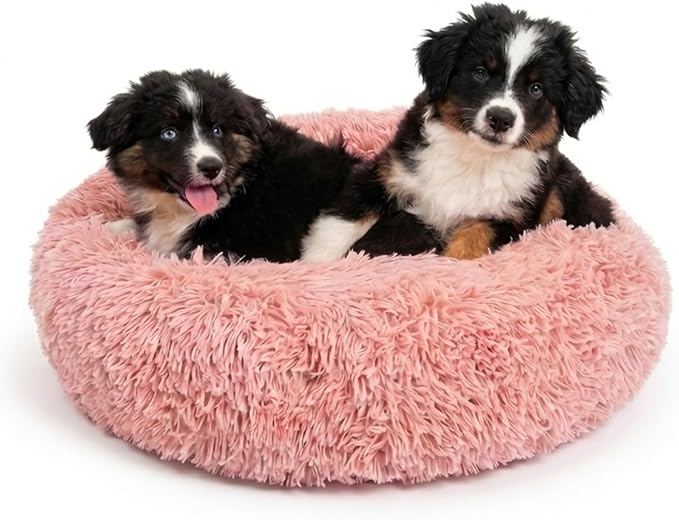 Active Pets Premium Medium Donut Dog Bed, Fits Up to 45 lbs, Removable Cover & Washable Cushion, Plush Long Pile Faux Fur Fabric, Portable Pink Pet Bed Furniture for Puppies Adult Canines & Cats