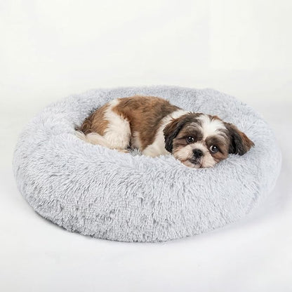 Calming Donut Dogs Beds for Small Dogs Washable,23inch Plush Round Pet Bed for Cozy Sleep,Fluffy Faux Fur Large Cat Bed,Fits up to 25 lbs Pets,Frost Grey