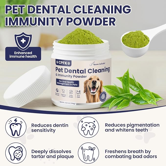 Dog Dental Cleaning Immunity Powder Dog Dental Cleaning Powder with Probiotics to Lighten Bad Breath and Control Plaque Tartar Supports Dogs Dental Care and Immune Health 4.23 OZ