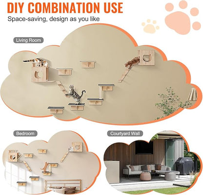 VEVOR Wall Mounted Cat Shelves, Cat Wall Shelves and Perches with Jumping Boards, Cat Beds, Hammocks & Cat Tree, Cat Furniture and Shelves up to 40 lbs for Sleeping, Playing, Climbing, Set of 9
