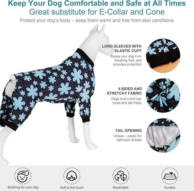 LovinPet Onesies for Pitbull, Pet Anxiety Relief Shirt, Sun Protection Dog Onesie, Comfy Stretchy Fabric, Sage Print, Big Dog Surgery Recovery PJ's, Dog Party Apparel, Black M