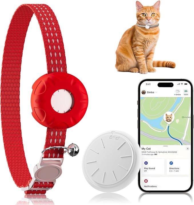 Cat Tracker, GPS Tracker Compatible with Apple Find My App(Only iOS), Waterproof Cat Trackers Collar with Bell and Safety Elastic Buckle, No Monthly Fee Pet Tracker for Vehicles,Pets,Kids,Smart Alerts