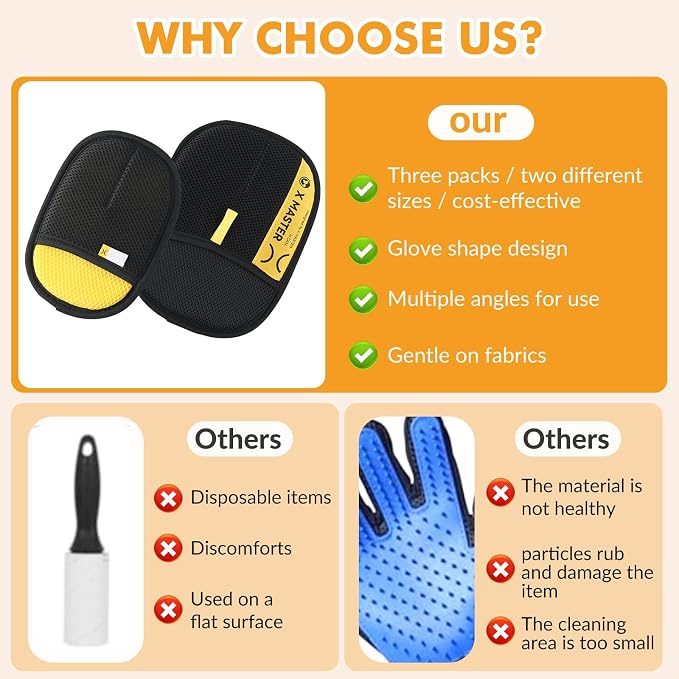 Wortade 3pcs Pet Hair Removal Glove, Efficient Grooming Gloves, 2L1S | Cat & Dog Grooming Glove,High Quality,Multi-piece, Portable,Washable,Suitable for Couch,Furniture,Carpet,Curtain