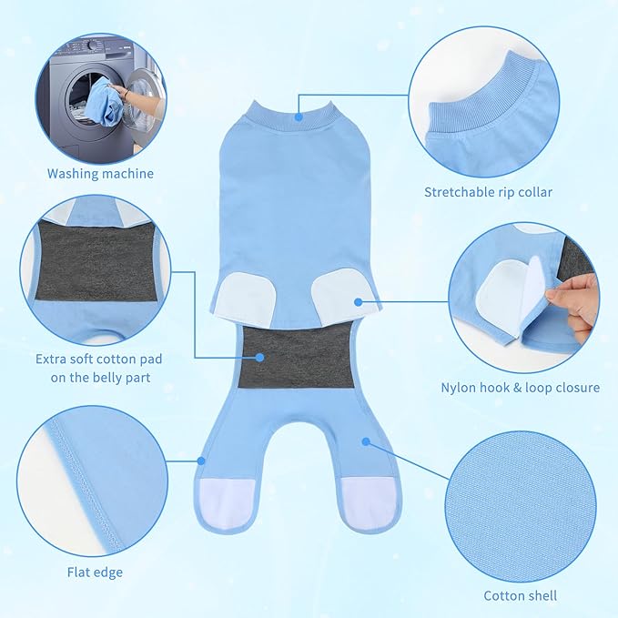 2 Packs Breathable Cotton Dog Recovery Suit for After Neuter Spay Abdominal Wounds Protector, Professional Anti-Licking Onesies for Male Female Pets Surgery Bandages, M Black Blue Pure