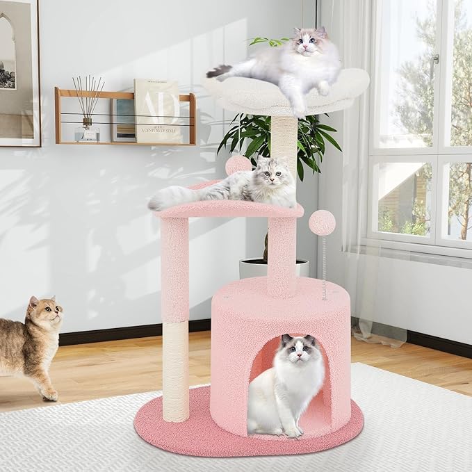 Athena Collection Small Cat Tree Condo with Sisal Scratching Post, 33 Inch Modern Cute Flower Cat Tree Tower with Cozy Perch Toy Ball for Indoor, Kittens, Light Pink