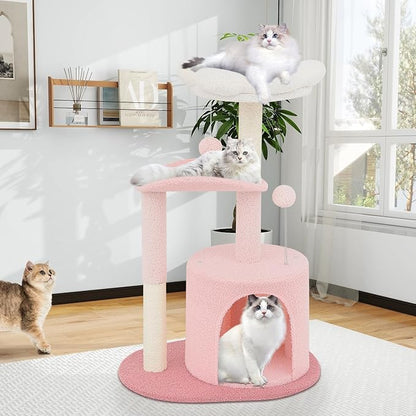 Athena Collection Small Cat Tree Condo with Sisal Scratching Post, 33 Inch Modern Cute Flower Cat Tree Tower with Cozy Perch Toy Ball for Indoor, Kittens, Light Pink