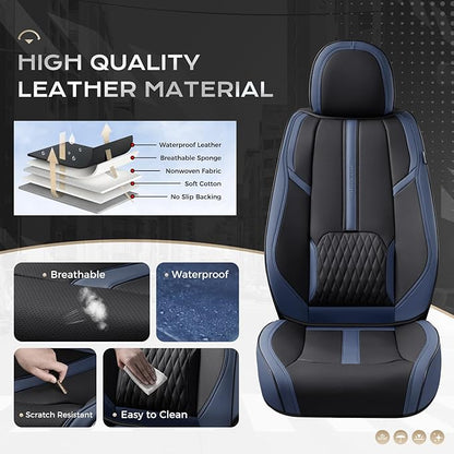 Coverado Car Seat Covers, Front and Back Seat Covers, Universal Seat Cover for Cars with Lumbar Support, Faux Leather Car Seat Protector Waterproof Car Seat Cushions Fit for Most Vehicles (Blue&Black)