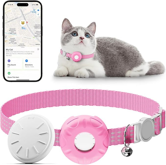 Cat GPS Tracker, Tractive GPS Pet Tracker, Cat Tracker Collar with Safety Elastic Buckle, Works with Any Collar,Compatible with Apple Find My App (Only iOS), No Monthly Fee, Pink