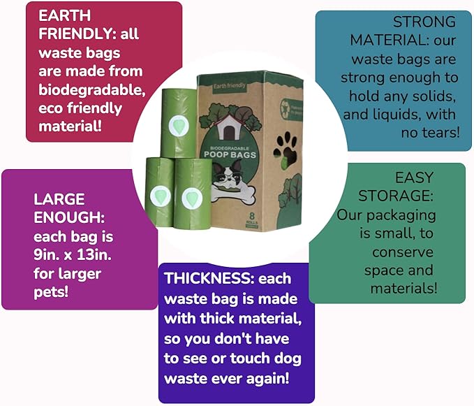 Dog Poop Bags 120 Piece, Biodegradable Poop Bags for Dogs and Cats, Heavy Duty Leak- Proof Pet Waste Bags, Lavender Scented and Thick, 8 Rolls, 9 x 13 Inch Each