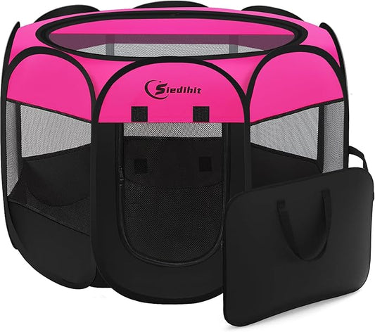 Siedihit Dog Playpen, Medium Puppy Pet Playpen, Dog Crate Tent Cage Indoor/Outdoor, Portable Pop Up Dogs Kennel Playpen with Carrying Case for Dogs/Cats/Rabbits, Hot Pink