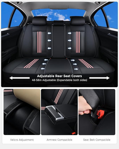 Huidasource Car Seat Cover, Seat Covers Nappa Leather with Lumbar Support, Side Elastic Fabric, Velcro Adjustable, Airbag, Ventilation Heating, Universal Fit for Most Cars SUV Trucks, Black＆Pink