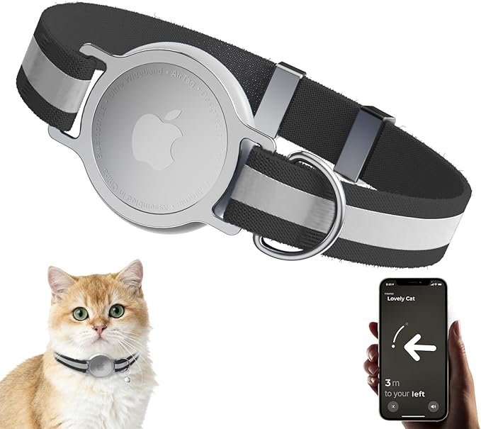 AirTag Cat Collar, Ultra Elastic Cat Tracker Collar with Apple Air Tag Holder, [Lightweight][Scratch Resistant] Stepless Adjustable GPS Pet Collar for Cats Kittens (Reflective Black)