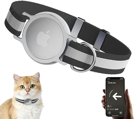AirTag Cat Collar, Ultra Elastic Cat Tracker Collar with Apple Air Tag Holder, [Lightweight][Scratch Resistant] Stepless Adjustable GPS Pet Collar for Cats Kittens (Reflective Black)