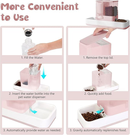 GearRoot Automatic Cat Feeder and Water Dispenser, 2 in 1 Gravity Pet Food Feeder and Water Dispenser Detachable Cat Food Dispenser for Small Dogs and Cats, Pink