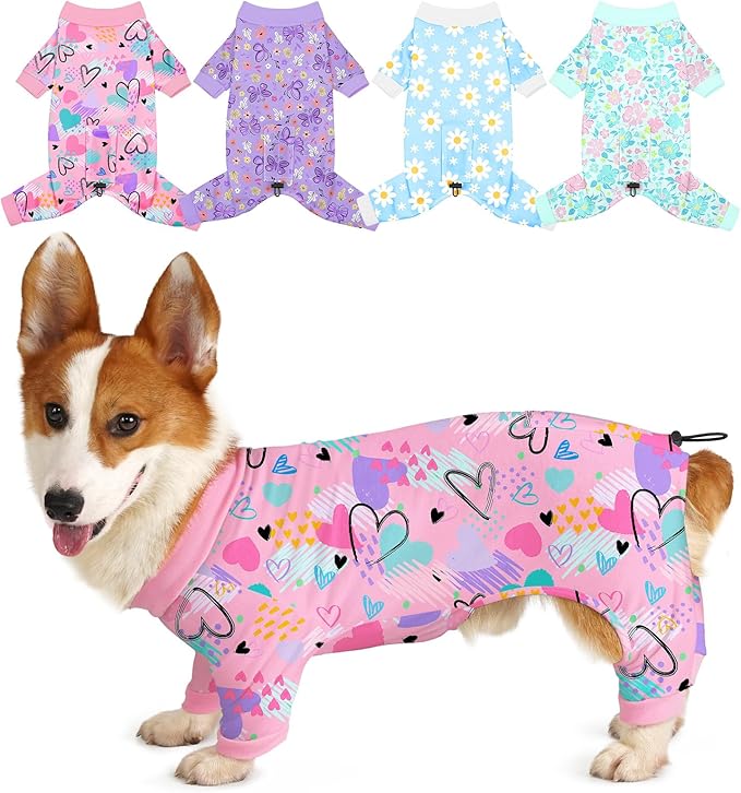 Bienbee Dog Pajamas, 4 Pack Dog Recovery Suit Shedding Suit Cute Soft Puppy Clothes Dogs Pjs Onesies Jammies Adjustable Breathable & Stretchy Clothes for Small Medium Large Dogs Girl Boy Puppy-XL
