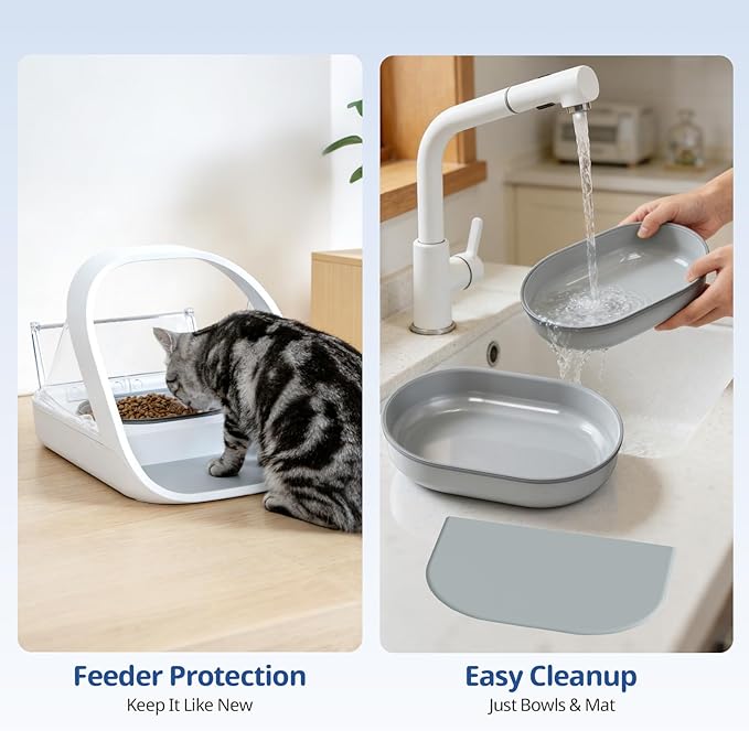 Bowl & Mat Set for Automatic Microchip Cat Feeder, 1 Flat & 1 Split Bowl with Sealing Ring + 1 Mat, Keep Food Fresh, Easy to Clean (Grey)