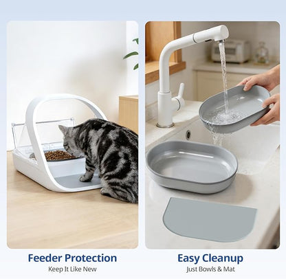 Bowl & Mat Set for Automatic Microchip Cat Feeder, 1 Flat & 1 Split Bowl with Sealing Ring + 1 Mat, Keep Food Fresh, Easy to Clean (Grey)