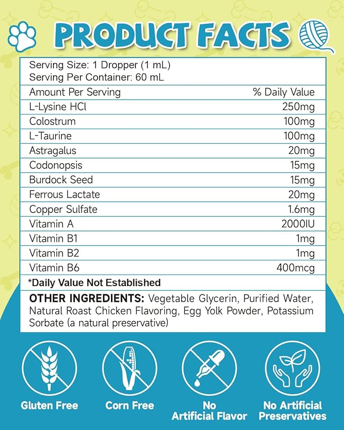 L-Lysine for Cats,Lysine Drops Immune Support Supplement,Sneezing,Cold,Allergy Relief,Runny Nose,Feline Respiratory,Natural Antibiotics for Cats with Colostrum,Taurine Cat(Roast Chicken Flavor/2floz)