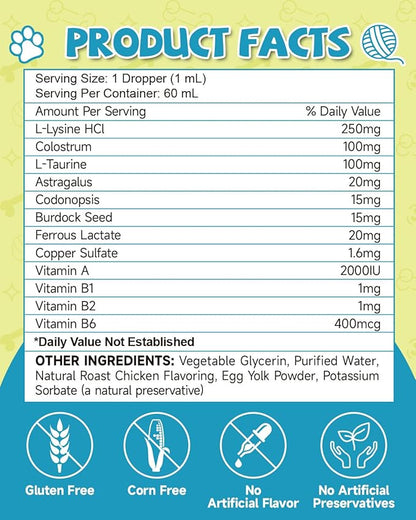 L-Lysine for Cats,Lysine Drops Immune Support Supplement,Sneezing,Cold,Allergy Relief,Runny Nose,Feline Respiratory,Natural Antibiotics for Cats with Colostrum,Taurine Cat(Roast Chicken Flavor/2floz)
