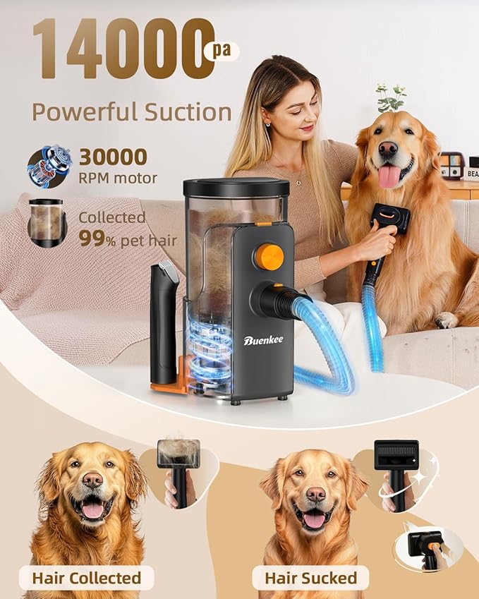 buenkee Dog Grooming Vacuum, 4.5L Extra-Large Dust Cup Dog Grooming Kit, 14000Pa High-Suction Pet Groomer with Clippers, Low-Noise All-in-One Shedding Control Set for Home Use