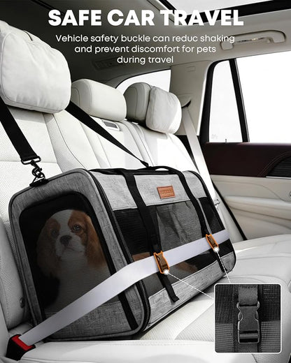 Large Cat Dog Carrier for Pet Up to 20 Lb - 20×13×13 in, Top & Side Entry, Foldable, Soft-Sided Pet Carrier with Ventilated Anti-Scratch Mesh & Car Seat Buckle for Car, Travel and Vet – Grey