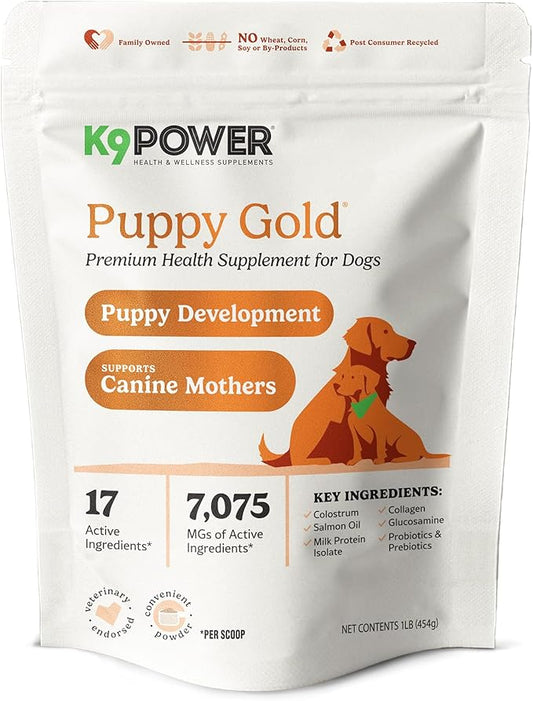K9 Power Puppy Gold – Puppy Supplement for Growth & Development – Also Supports Pregnant & Nursing Mothers – Colostrum, DHA, Glucosamine, Collagen, Probiotics, Creatine, Milk Protein, Salmon Oil
