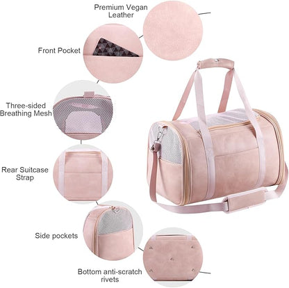 Lasaviin Fashion Leather Dog Carrier Cat Carrier Airline Approved Pet Carrier for Small Medium Dogs Cats Under 15Lbs, Collapsible Soft Sided Travel Puppy Carrier Pink