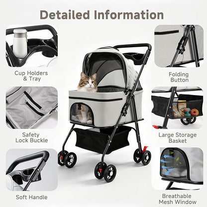 Pet Stroller for Small Dogs and Cats with 4 Wheels, 3 in 1 Foldable Dog Stroller with Detachable Carrier, Breathable Mesh, Storage Basket & Cup Holder, Up to 33 lbs