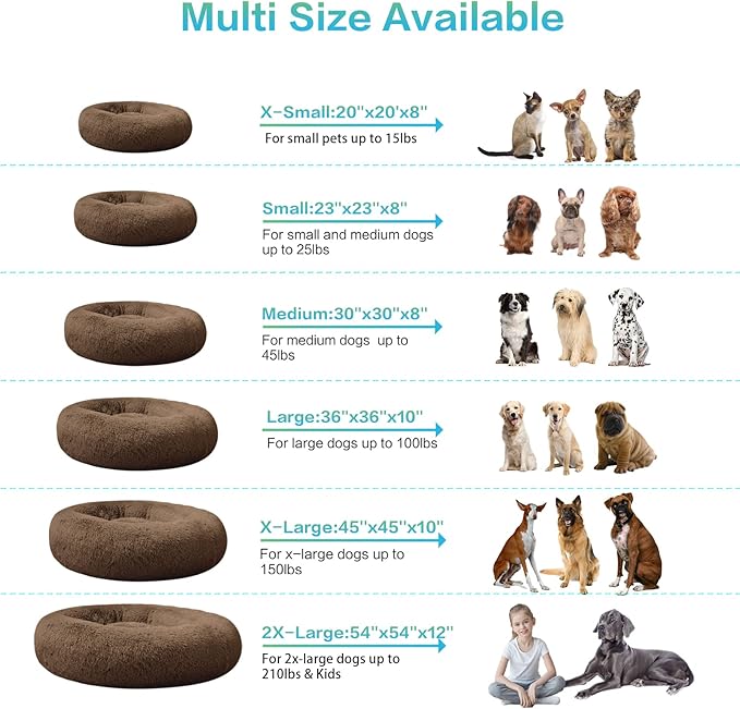 SAVFOX 54 inches Calming Donut Dog Bed - 3X Durable Plush Faux Fur, Machine Washable & Non-Slip, Fits up to 210 lbs, Removable Cover, Brown