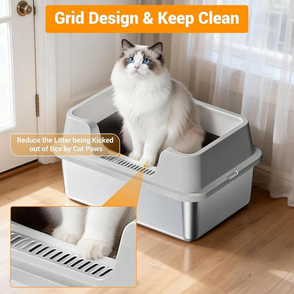 Enclosed Stainless Steel Cat Litter Box with Lid Extra Large Litter Box for Big Cats XL Metal Litter Pan Tray with High Wall Sides Enclosure, Non-Sticky, Anti-Leakage, Easy Cleaning
