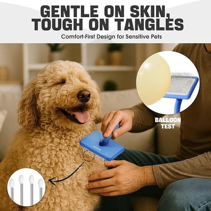 Bonteck Dog Slicker Brush for Dogs Grooming Kit 4PCS | Large Dog Brush for Goldendoodles Poodles Doodles | Long Pin Haired Brush | Poodle Brushes and Comb (Blue)