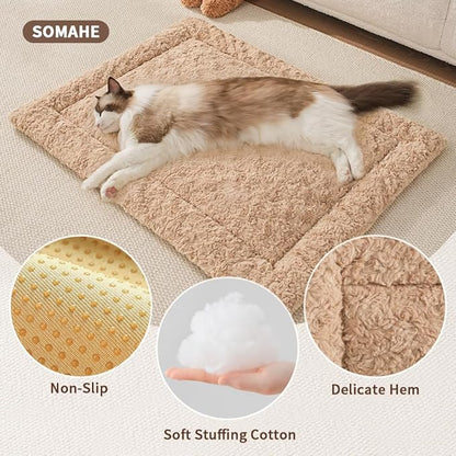 Self Warming Cat Bed Mat, Washable Self Heating Cat Mat, Extra Warm Thermal Pet Pad with Non-Slip Bottom, Soft Plush Faux Fur for Indoor Pet Sleep Cushion, 23x15 Inch Latte