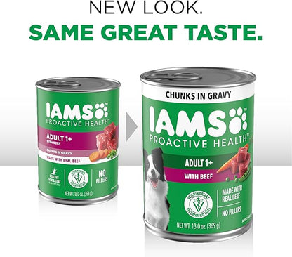 IAMS Proactive Health Adult Wet Dog Food Chunks in Gravy, Beef Recipe, 13 oz. Cans (12 Count, Pack of 2)