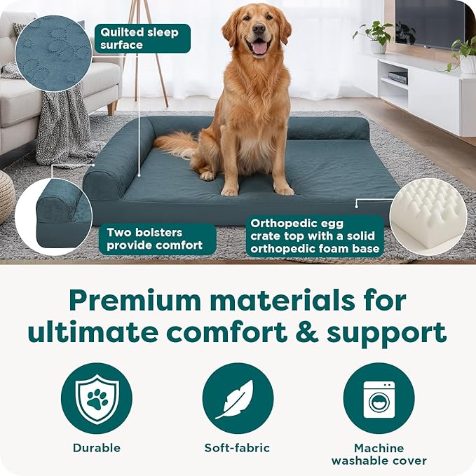 Furhaven Orthopedic Dog Bed for Large Dogs w/ Removable Bolsters & Washable Cover, For Dogs Up to 95 lbs - Pinsonic Quilted Paw L Shaped Chaise - Bluestone, Jumbo/XL