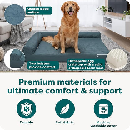 Furhaven Orthopedic Dog Bed for Large Dogs w/ Removable Bolsters & Washable Cover, For Dogs Up to 95 lbs - Pinsonic Quilted Paw L Shaped Chaise - Bluestone, Jumbo/XL