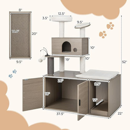 PETSITE Cat Tree with Litter Box Enclosure, 2-in-1 Modern Cat Tower with Condos, Top Perch, Sisal Posts, Scratching Board, Platform, Dangling Balls, Hidden Litter Box with Cat Tree (52 Inches Tall)