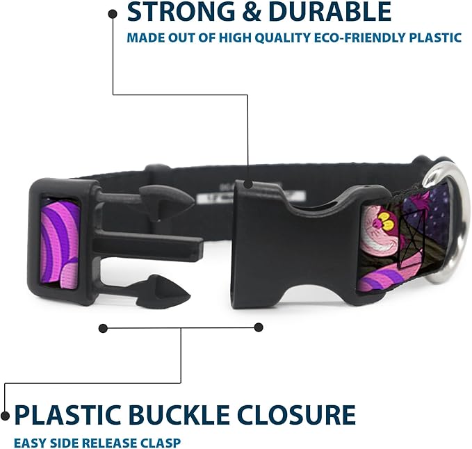 Buckle-Down Plastic Clip Collar - Cheshire Cat Tree Poses - 1.5" Wide - Fits 16-23" Neck - Medium
