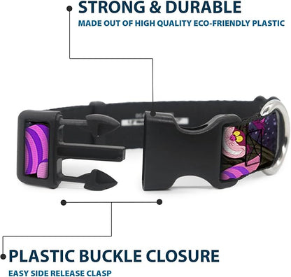 Buckle-Down Plastic Clip Collar - Cheshire Cat Tree Poses - 1/2" Wide - Fits 9-15" Neck - Large
