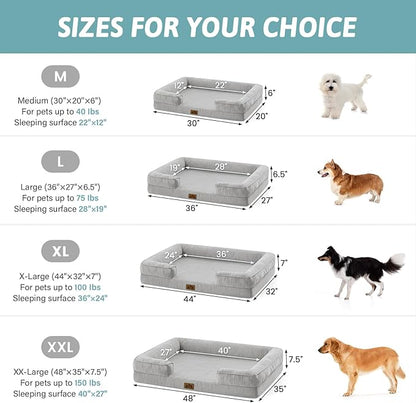 COZY KISS Cooling Dog Bed for Extra Large Dogs, Q-Max >0.4 Summer Cool Orthopedic Foam Pet Sofa Bed with Sides, Bolster Anti-Slip Couch with Washable Removable Cover, XXL 48x35x7.5 inch, Grey