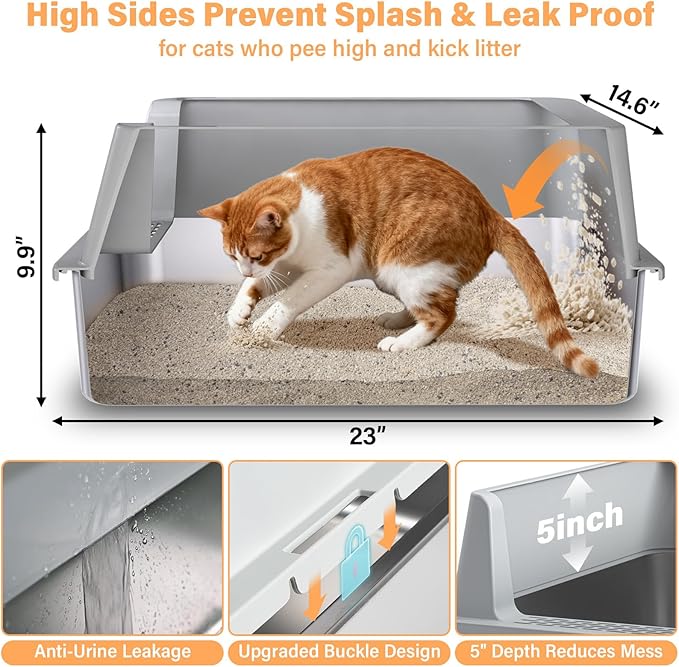 2PACK Stainless Steel Litter Box, XL Cat Litter Box with Lid for Big Cat, Extra Large Metal Litter Boxes with High Side, Non-Stick, Odor-Resistant, Anti-Urine Leakage, Includes Mat & Scoop